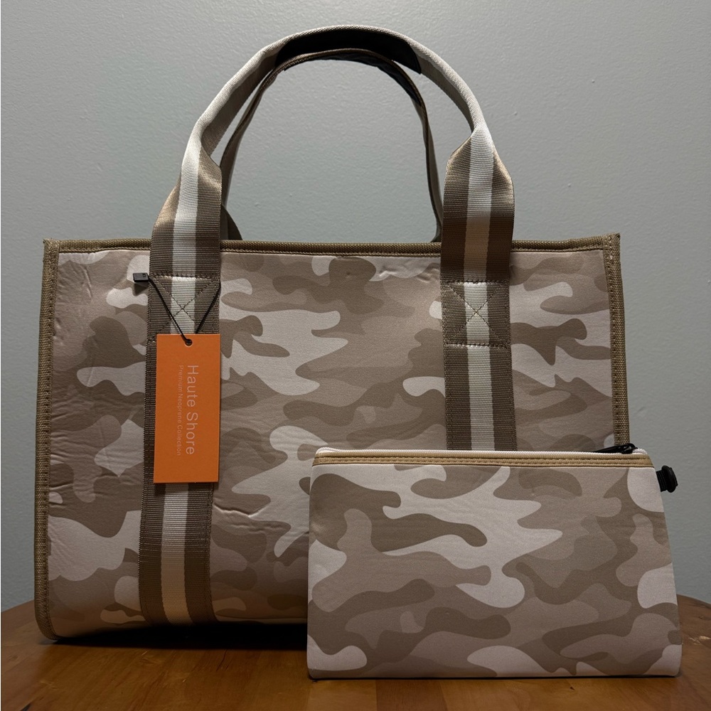 HAUTE SHORE Beige Camouflage Tote with Matching Pouch